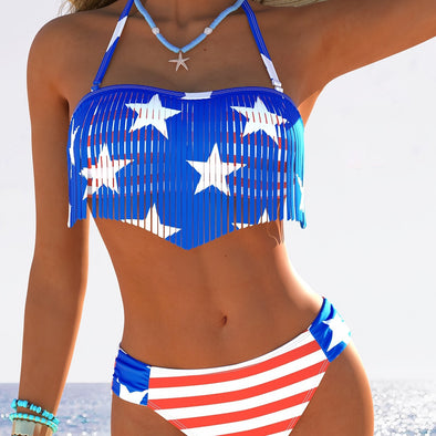 Women'S Patriotic Tankini Set with Fringe Detail, High Stretch Knit Fabric, Polyester and Elastane Blend, Striped and Star Pattern Bikini Swimsuit