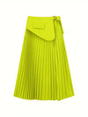 Bright lime green pleated high waist split skirt, perfect for stylish fall and winter looks.