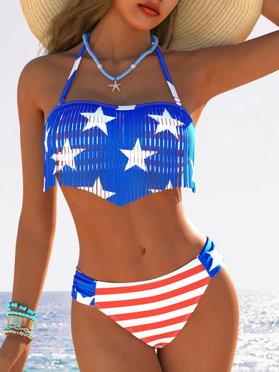 Women'S Patriotic Tankini Set with Fringe Detail, High Stretch Knit Fabric, Polyester and Elastane Blend, Striped and Star Pattern Bikini Swimsuit