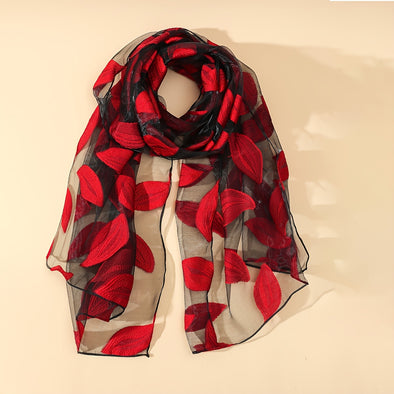 Elegant red leaf pattern organza scarf for women, lightweight and breathable accessory for spring and summer outfits.