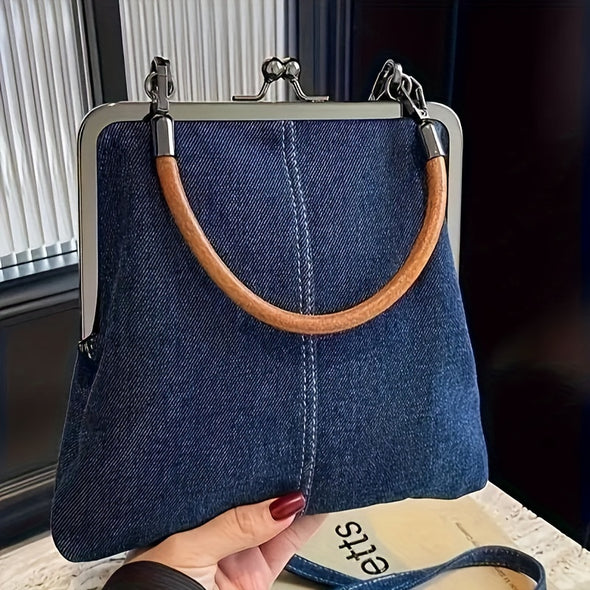 Women Denim Handbag with Kiss Lock Clasp Vintage Coin Crossbody Purses Bag for Lady Outdoor Portable Wedding Shoulder Bags