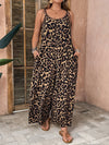 Women'S Plus Size Leopard Print Jumpsuit - J644, Elegant Scoop Neck Knit Fabric with Slight Stretch, 100% Polyester, All-Season Slingback with Pockets, 165 g/m² Weight