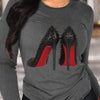 Women'S Casual Long Sleeve T-Shirt with High Heel Applique, Crew Neck Knit Polyester Top, Regular Length Graphic Print for All Seasons