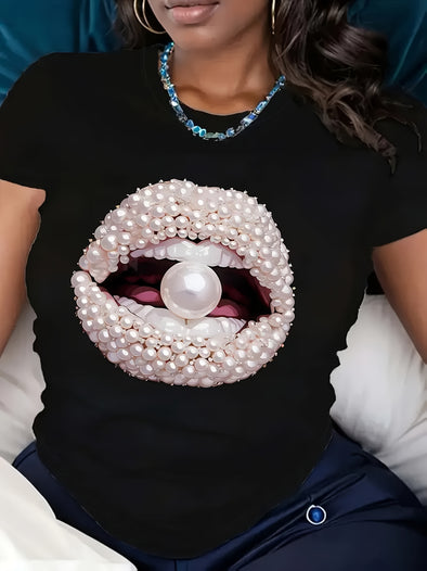 Women's Chic Pearl Lip Print T-Shirt - Casual Black Tee with Short Sleeves, Round Neckline, Breathable & Machine Washable - Ideal for Spring & Summer Fashion, Casual Wear|Round Neckline Top|Glossy Texture