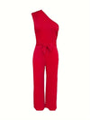 Vibrant One Shoulder Jumpsuit - Accentuating Knotted Waist, Sleeveless, Straight Leg, Casual Style - Perfect for Womens Everyday Wear