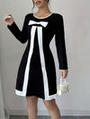 Elegant Women's Black & White Color Block Long Sleeve Dress with Bow Detail - Crew Neck, Knee-Length, Stretchy Polyester Blend, Machine Washable