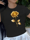 100% Women's Casual T-Shirt with Elegant Golden Rose Print – Soft, Comfortable Short Sleeve Design, Machine Washable, Perfect for Year-Round Wear, Casual Wear | Chic Casual Style | Stretchable Knit