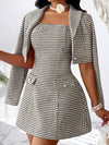 Elegant Plaid Two-Piece Dress Suit for Women - 100% Polyester A-Line Dress & Jacket Set with Lapel Collar and Long Sleeves for Spring/Fall, Button Details, Woven