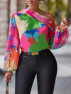 Vibrant Floral Slant Shoulder Blouse - Elegant Asymmetrical Lantern Sleeve Design, Comfortable Spring & Fall Essential, Women's Stylish Clothing for Work or Casual Occasions