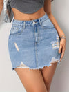 Chic Light Blue High-Waisted Bodycon Jean Mini Skirt - Stretchy, Casual Fit, Ripped Distressed Hem, Flattering Silhouette, Perfect for Daily Wear, Summer Outings and Casual Gatherings