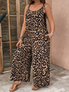 Women'S Plus Size Leopard Print Jumpsuit - J644, Elegant Scoop Neck Knit Fabric with Slight Stretch, 100% Polyester, All-Season Slingback with Pockets, 165 g/m² Weight