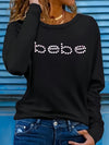 BEBE Casual Long Sleeve T-Shirt - Letter Print, Crew Neck, Stretchy Polyester Blend, Machine Washable - Perfect for All Seasons, Long Sleeve