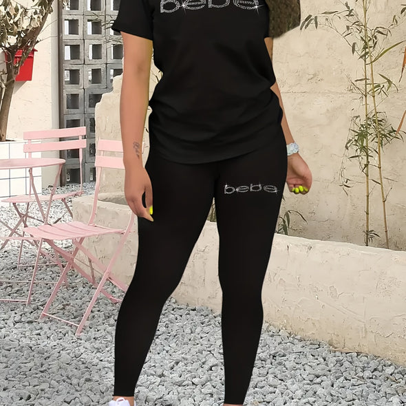 Plus Size Women's Casual Crewneck T-Shirt and Long Pants Set, Radiantly Stylish with 2D Sequin Letter Print, Perfect for St. Patrick's Day, Easter, and Mother's Day Gifts!