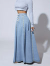 Fashionable Retro Flare Denim Skirt - Single-Breasted & High Rise - Timeless Maxi Silhouette in Washed Blue - Comfortable Inelastic Denim for Tall Womens Style