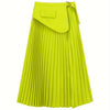 Elegant pleated high waist split skirt in vibrant yellow, perfect for stylish looks in fall and winter.