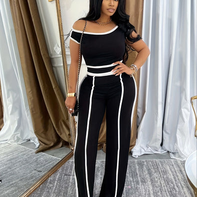 M3079 New Summer Women'S Trousers Suit Spice 'S Shoulder-to-shoulder Color Stitching Line High Waist Trousers Suit Two-piece Suit