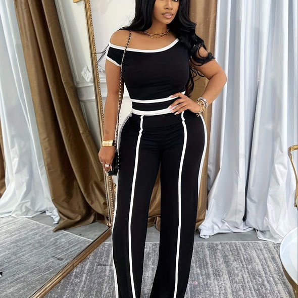 M3079 New Summer Women'S Trousers Suit Spice 'S Shoulder-to-shoulder Color Stitching Line High Waist Trousers Suit Two-piece Suit