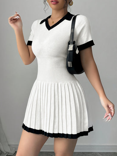 Women'S Casual Solid Color Polo Collar Knit Dress, Summer A-Line Polyester Spandex Blend, Short Sleeve Ribbed Fabric, Versatile Fashion for Daily Wear