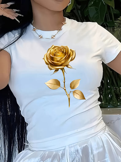 100% Women's Casual T-Shirt with Elegant Golden Rose Print – Soft, Comfortable Short Sleeve Design, Machine Washable, Perfect for Year-Round Wear, Casual Wear | Chic Casual Style | Stretchable Knit