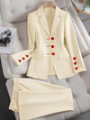 Elegant Solid Color Women's Blazer & Pants Set - Casual Polyester Suit with Lapel Collar, Long Sleeves, Machine Washable