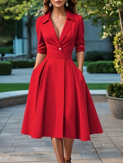 Elegant Red Peplum Dress for Women - Polyester Blend, V-Neck, Long Sleeve, Solid Color with Button Detail, Woven Fabric, French Style, for All Seasons Collection