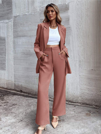 SOLID SLANT POCKETS TAILORED PANTS Women Solid Color Double-Breasted Blazer With Long Sleeves And Suit Pants With Pockets Suit Set