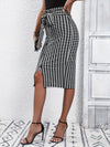 Chic houndstooth print skirt featuring stylish button detail and flattering tie waist, perfect for spring and fall wear.