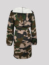 Camouflage Print Hooded Dress, Casual Drawstring V Neck Long Sleeve Dress, Women's Clothing