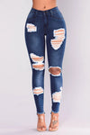 Europe and The United States New Fashion Elastic Ripped Pencil Jeans, Women's Spring and Autumn Slim-fit Small Leg Pants Jeans