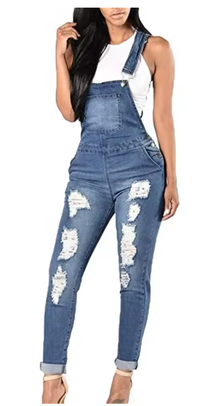 Women Denim Overalls Jeans Ankle Length Pencil Pants Pockets Holes Solid Distressed One Piece High Waist Casual Sexy Y2k Mom