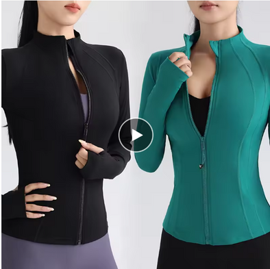 Gym Women's Full Zip Yoga Top With Thumbholes Fitness Running Jacket Stretch Fit Long Sleeve Round Neck Top Sportswear