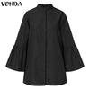 White Shirt Women Solid Color Flare Sleeve Shirts Spring Tops 2023 VONDA Sexy V Neck Button Up Office Shirts Femininas Blusas