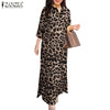 ZANZEA Women's Long Dresses 2025 Spring Summer Leopard Print 3/4 Sleeve Lapel Neck Maxi Robes Femme Commute Office Slit Kleid