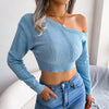 Sexy Knitted One Shoulder Crop Top Women Fashion Long Sleeve Tops Casual Hollow White Thin Sweater Autumn Winter Pullover 2022