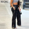 2023 Women Chic Pu Leather Elastic Waist Rivet Side Decoration Small Silt Straight Leg Pants