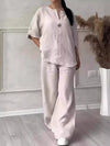 Women's Cotton and Linen Pants Suit Casual Solid Color Pullover Pants 2-piece Set White Pink