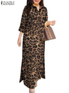 ZANZEA Women's Long Dresses 2025 Spring Summer Leopard Print 3/4 Sleeve Lapel Neck Maxi Robes Femme Commute Office Slit Kleid