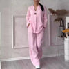 Women's Cotton and Linen Pants Suit Casual Solid Color Pullover Pants 2-piece Set White Pink