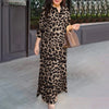 ZANZEA Women's Long Dresses 2025 Spring Summer Leopard Print 3/4 Sleeve Lapel Neck Maxi Robes Femme Commute Office Slit Kleid