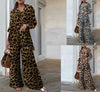 Fashion Long-sleeved V-neck Button-up Shirt + Wide-leg Pants 2 Piece Set For Women Autumn Leopard Print Loose Casual Suit Female