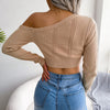 Sexy Knitted One Shoulder Crop Top Women Fashion Long Sleeve Tops Casual Hollow White Thin Sweater Autumn Winter Pullover 2022