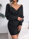 New Sexy Cross V-neck Bat Sleeve Lift Hip Sweater Dress Solid 2024 Fashion Elegant Female Evening Party Long Sleeve Dresses