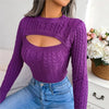 New Autumn And Winter Women's Fashion Hollow Out Fried Dough Twists Long Sleeve Sweater Round Neck Solid Fit Women's Wear 2024