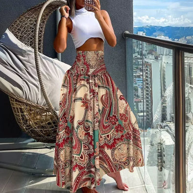 Sexy Elastic High Waist Print Maxi Skirt Women 2024 Summer Boho Beach Casual Loose A-Line Long Skirts For Women