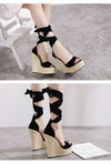 Women Summer Butterfly Knot Solid Black Open Toe Sandals Fashion Platform High Heels Wedge Shoes Ankle Bowtie Dress Shoes 35~42