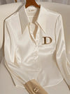 Elegant French Women's White DIOR Satin Shirt Turn-down Collar Long Sleeve Blouse Autumn/Winter for Women Casual Simple Office Lady