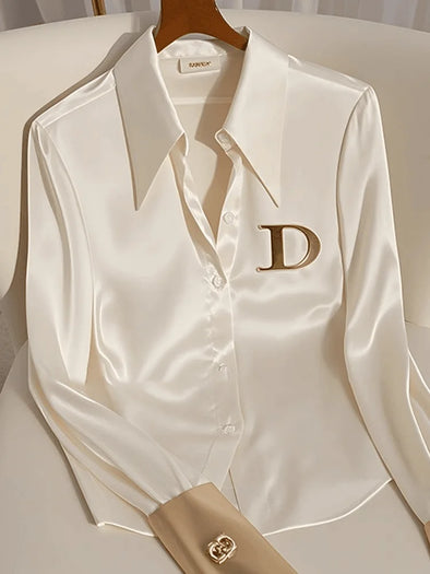 Elegant French Women's White DIOR Satin Shirt Turn-down Collar Long Sleeve Blouse Autumn/Winter for Women Casual Simple Office Lady