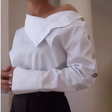 Women Trendy Stand Collar Side Button Elegant Shirt Spring Summer Leisure Versatile Sexy Off Shoulder Long Sleeve White Blouses