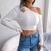 Sexy Knitted One Shoulder Crop Top Women Fashion Long Sleeve Tops Casual Hollow White Thin Sweater Autumn Winter Pullover 2022