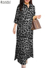 ZANZEA Women's Long Dresses 2025 Spring Summer Leopard Print 3/4 Sleeve Lapel Neck Maxi Robes Femme Commute Office Slit Kleid
